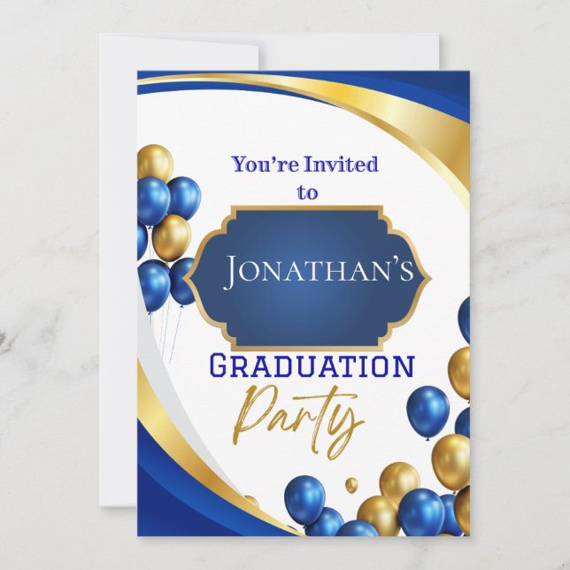 Einladung zur eleganten Blue & Gold Graduation Par (Vorderseite)