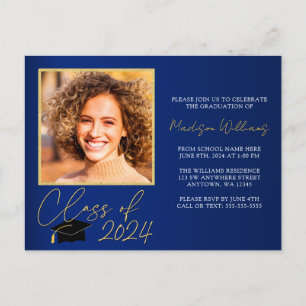 Einladung zur eleganten Blue Gold Graduation Party Postkarte