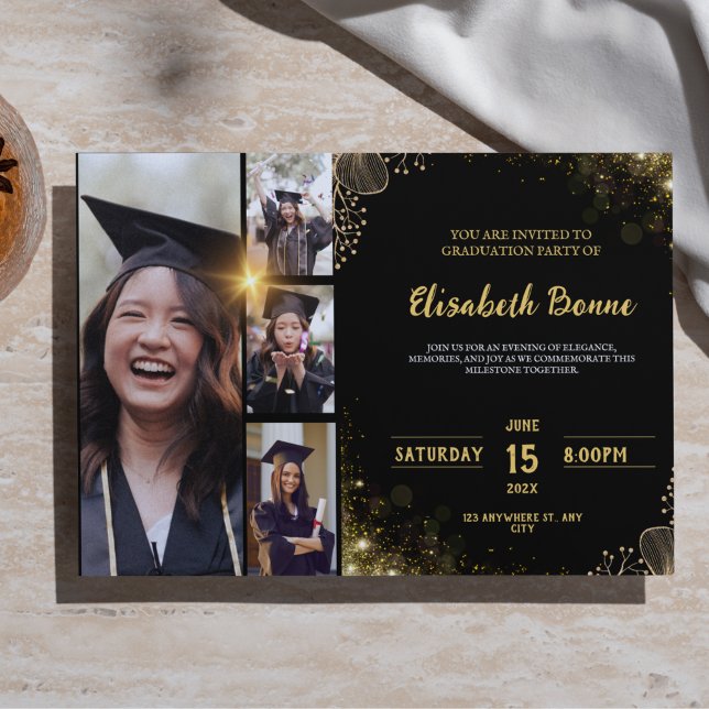 Einladung zur eleganten Gold & Black Graduation Pa (Elegant Gold & Black Graduation Party Invitation Template with 4 Photo Slots | Customizable & Classy)