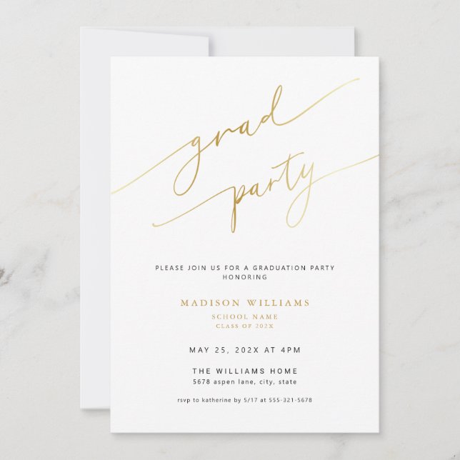 Einladung zur eleganten Gold Script Graduation Par (Vorderseite)