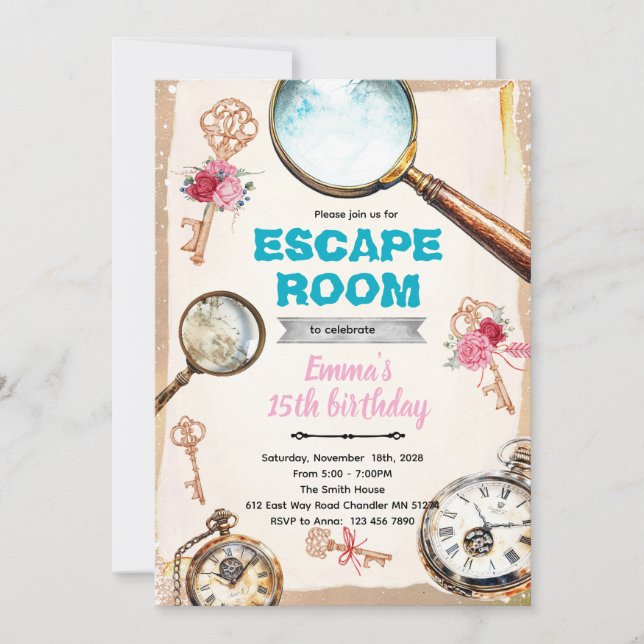 Einladung zur Escape-Room-Mädchenparty (Vorderseite)