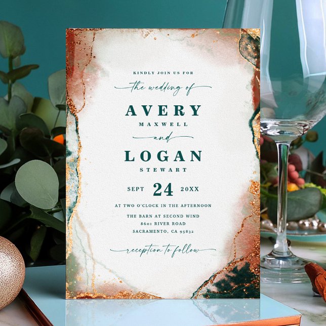 Einladung zur Ethereal-Hochzeit Aquamarin & kopfer (Teal and Copper Abstract Wedding Magnetic Invitation)