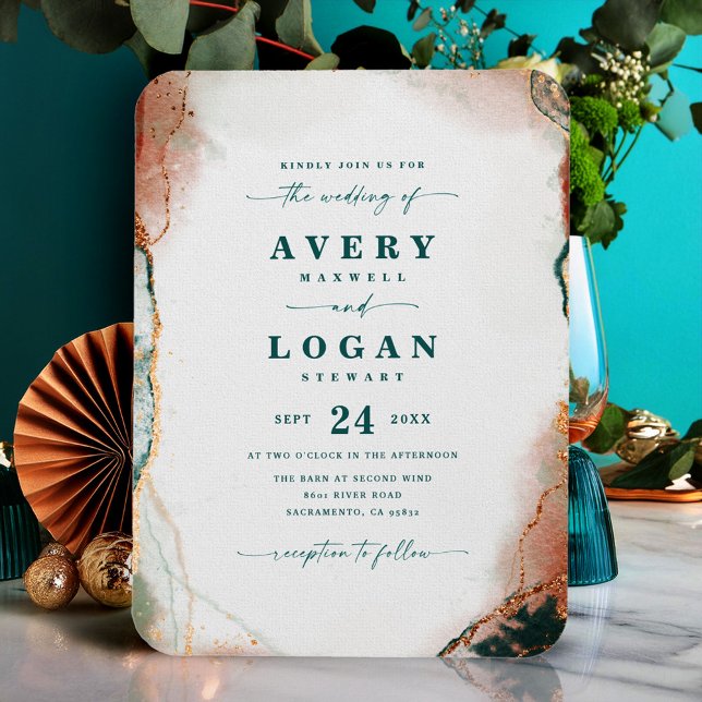 Einladung zur Ethereal-Hochzeit Aquamarin & Kupfer Magnet (Teal and Copper Abstract Wedding Invitation Magnetic Card)