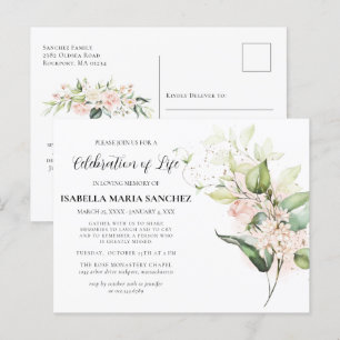 Einladung zur Feier des Lebens mit rosa Rosenblüte Postkarte