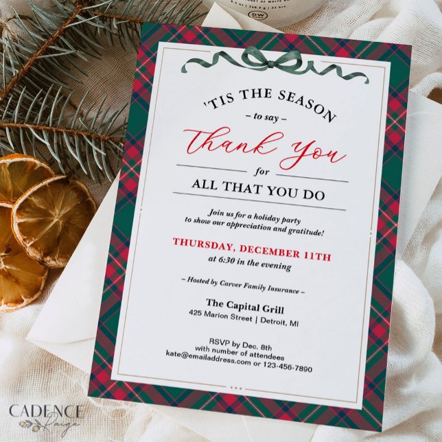 Einladung zur Feiertagsfeier - Vielen Dank (Company Holiday Party invitation with elegant plaid and a thank you message to show gratitude)
