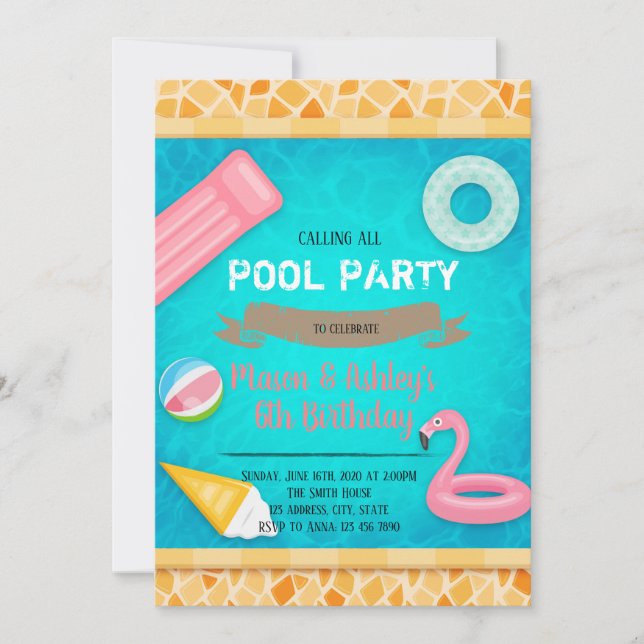 Einladung zur Flamingo-Poolparty (Vorderseite)
