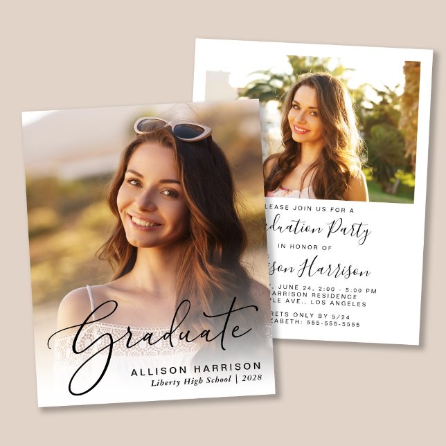 Einladung zur Foto-Script-Graduierungspartei (An elegant photo graduation party invitation to celebrate the graduate's achievements)