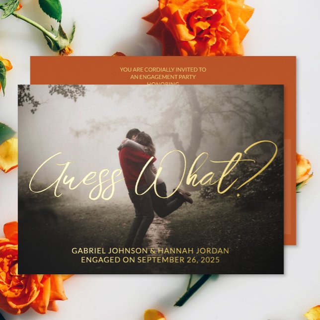 Einladung zur Fotofoilaufnahme hinzufügen (The front and back of the Add Photo Terracotta Engagement Announcement and Party Invitation)