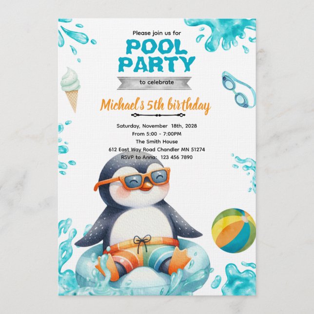 Einladung zur Geburtstagsfeier: Pinguin-Poolparty (Vorderseite)
