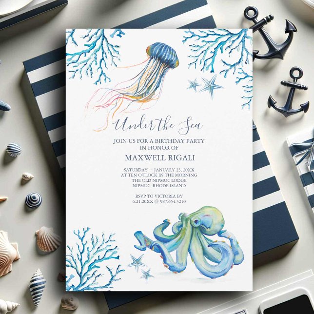 Einladung zur Geburtstagsfeier unter Wasser (Under the sea birthday party invitations with watercolor ocean creatures art by Victoria Grigaliunas)