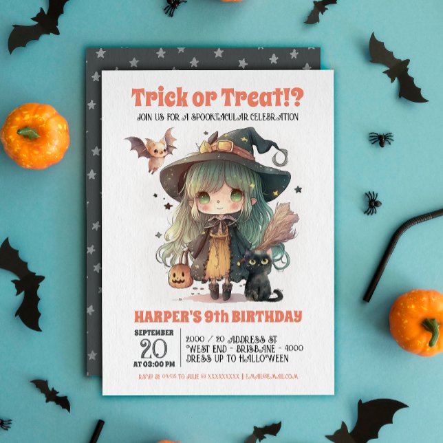 Einladung zur Geburtstagsfeier von Sweet Hexe (Step into a world of enchantment with our spooktacular Halloween birthday party invitation! )