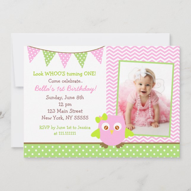 Einladung zur Geburtstagspartei von Owl Foto (Vorderseite)