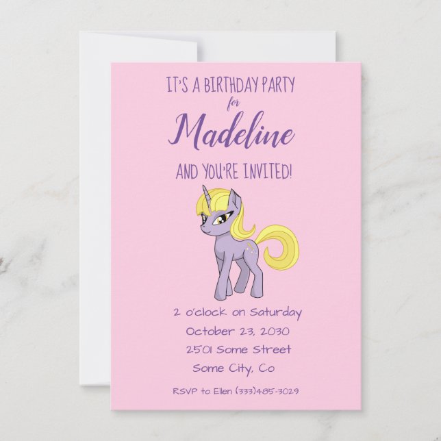 Einladung zur Geburtstagsparty von Unicorn Pink (Vorderseite)