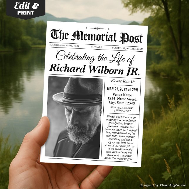 Einladung zur Gedenkfeier (Memorial Invitation Funeral  Newspaper Invite Celebration of Life Invitation Card)