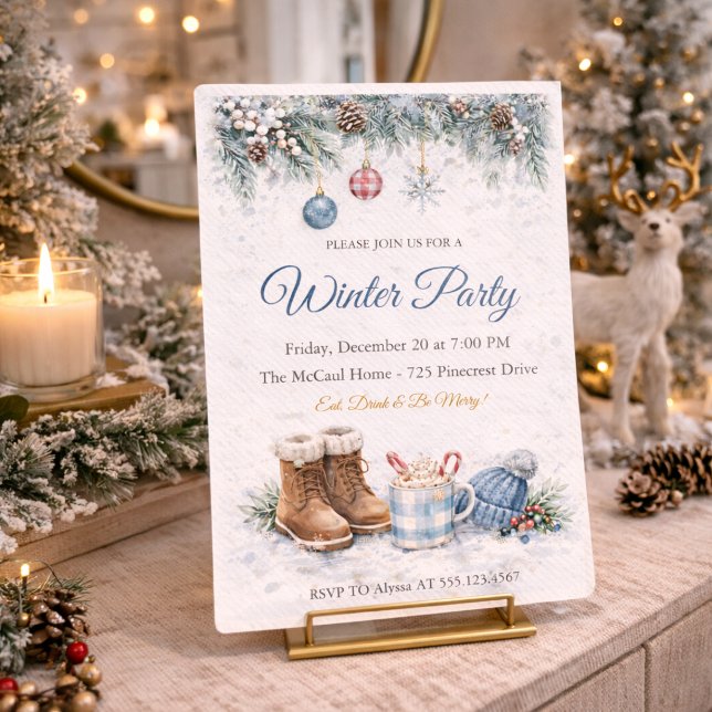 Einladung zur gemütlichen Winterversammlung (Gather for a winter evening filled with warm drinks, soft snow tones, and festive charm)