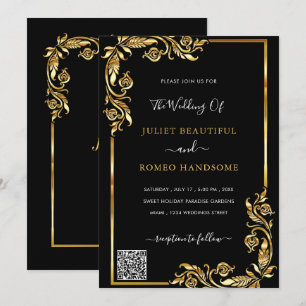 Einladung zur gerahmten Black Gold Hochzeit mit QR