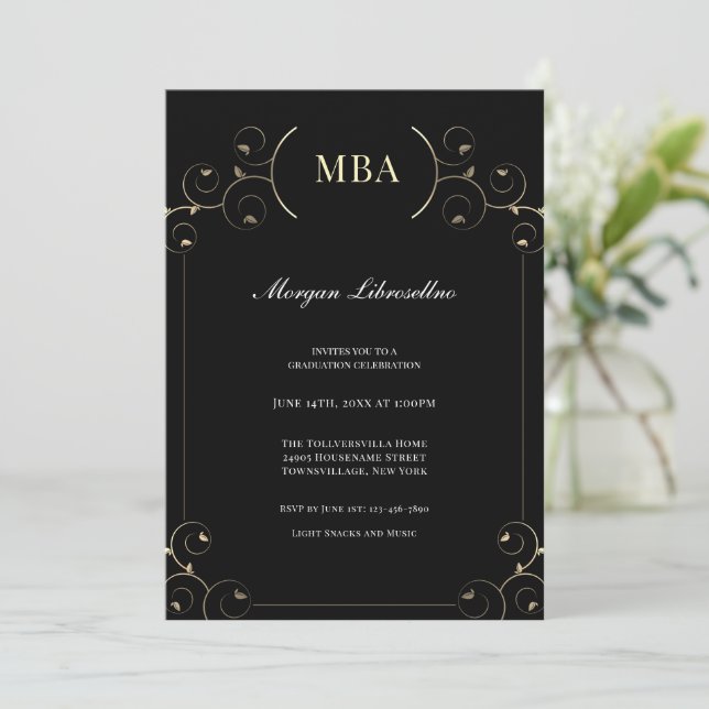 Einladung zur Gold Black MBA Graduation Party (Stehend Vorderseite)