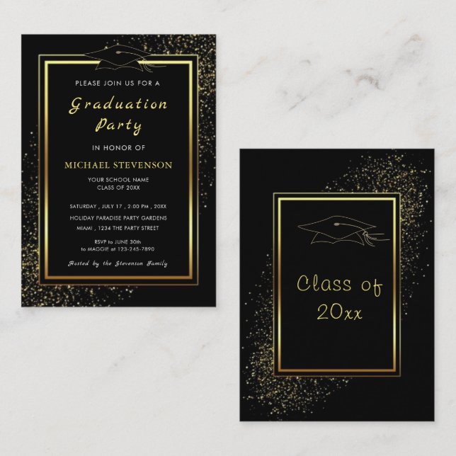 Einladung zur Gold Frame Black Graduation Party (Vorne/Hinten)