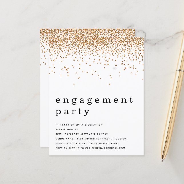 Einladung zur Gold Glitzer Engagement Party (Vorderseite/Rückseite Beispiel)