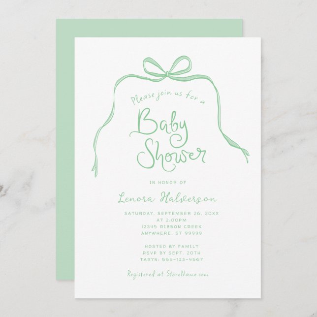 Einladung zur Green Simple Bow Baby Dusche (Vorne/Hinten)