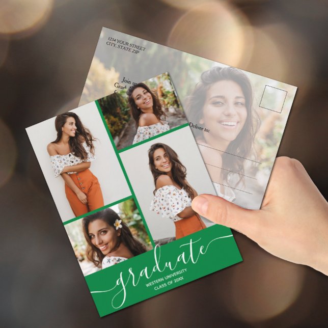 Einladung zur Grüne Graduierungspartei mehrerer Fo Postkarte (Graduation photo party invitation postcards)