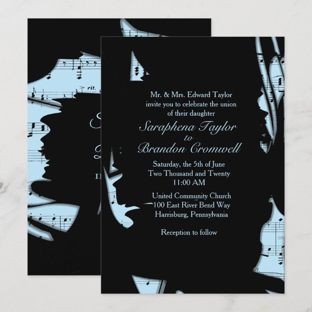 Einladung zur Hochzeit abstrakter Schwarz-Blau-Mus (Vorne/Hinten)