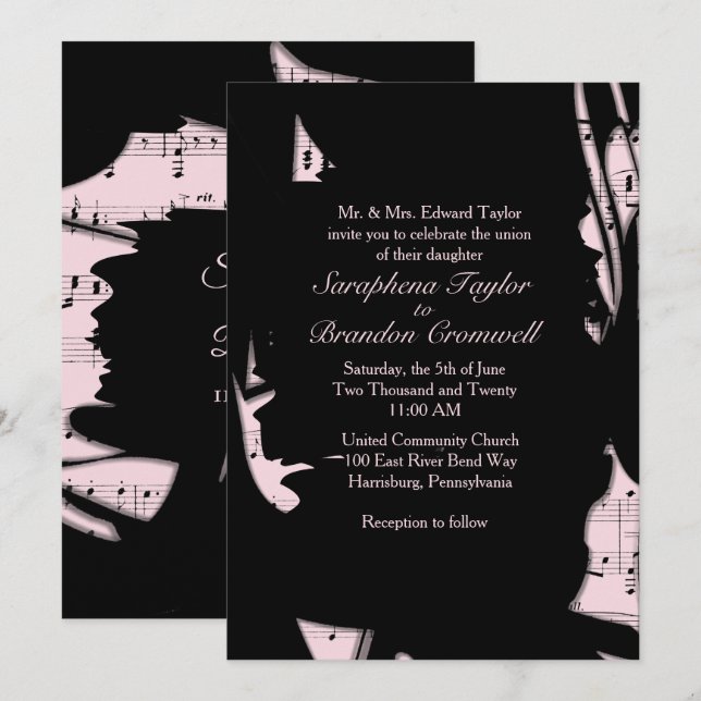 Einladung zur Hochzeit abstrakter Schwarz-Rosa-Mus (Vorne/Hinten)