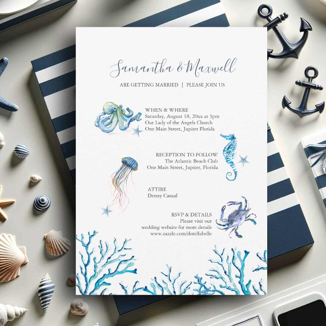 Einladung zur Hochzeit am Strand (Nautical illustrated wedding invitations watercolor art by Victoria Grigaliunas Do Tell A Belle)