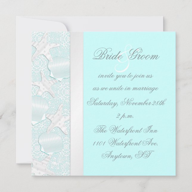 Einladung zur Hochzeit am Strand mit Seehecht und  (Vorderseite)