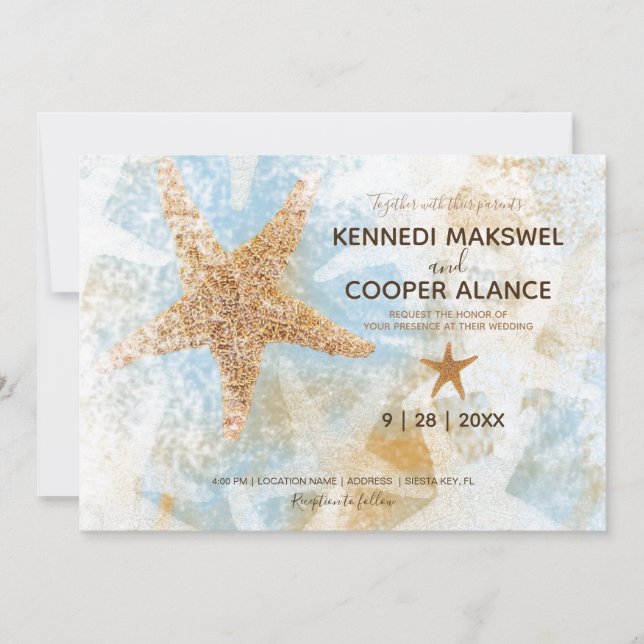 Einladung zur Hochzeit am Strand von Starfish (Vorderseite)
