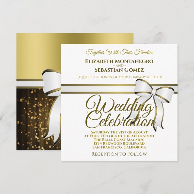 Einladung zur Hochzeit am White & Gold Ribbon Squa (Vorne/Hinten)