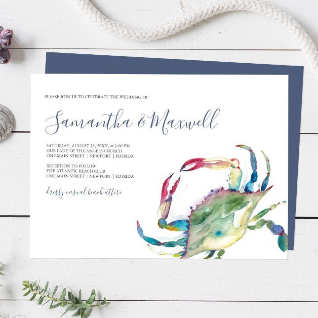 Einladung zur Hochzeit an der Küste (Coastal wedding invitations feature watercolor blue crab art by Victoria Grigaliunas Do Tell A Belle)