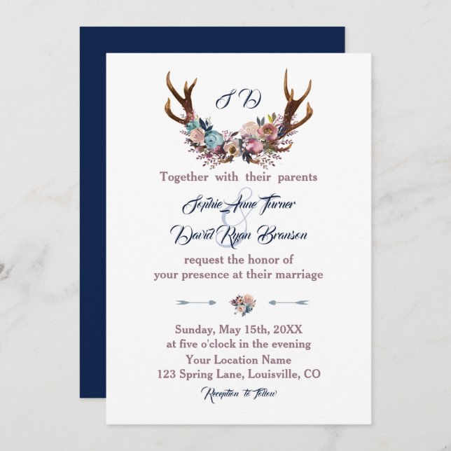 Einladung zur Hochzeit | Antlers Dusty Blue Pink F (Vorne/Hinten)