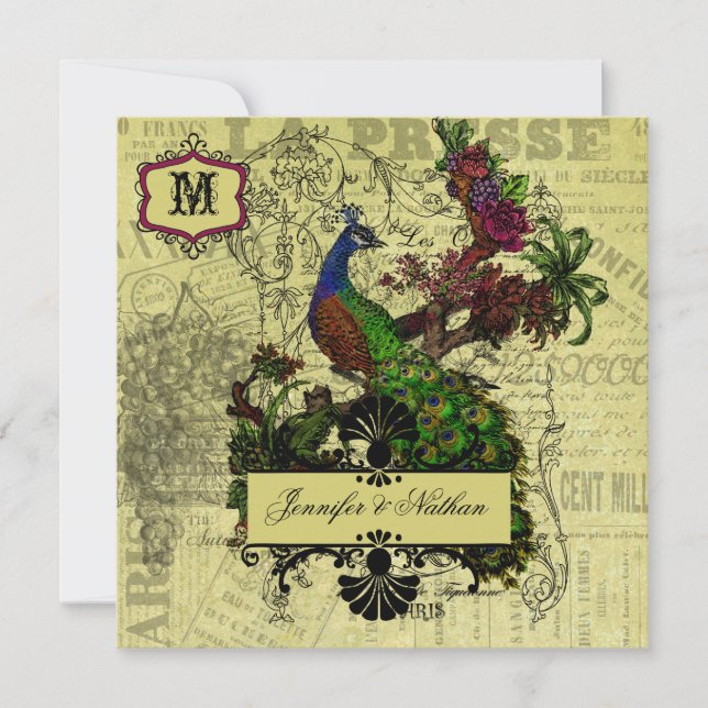 Einladung zur Hochzeit auf dem Vintagen Pfauenplat (Vorderseite)