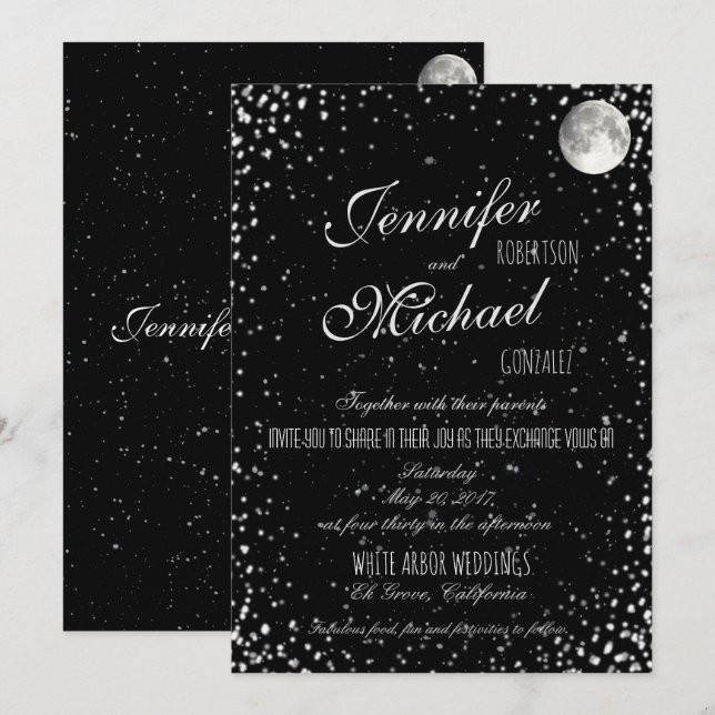 Einladung zur Hochzeit | Black Starry Night Moon (Vorne/Hinten)