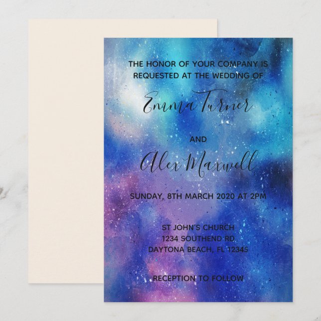 Einladung zur Hochzeit | Blue Watercolor Script (Vorne/Hinten)
