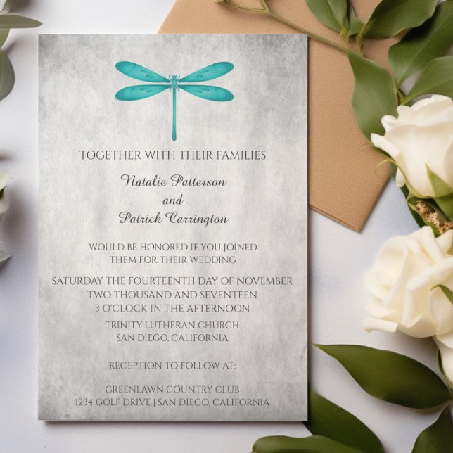 Einladung zur Hochzeit der aquamarinen Libelle (Teal Dragonfly Wedding Invitation)