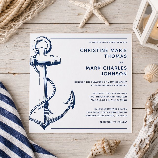 Einladung zur Hochzeit der weißen Nautischen Marin (Tie the knot with this nautical sketch anchor wedding square invitation.)