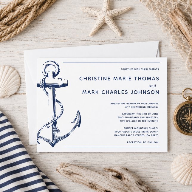 Einladung zur Hochzeit der weißen Nautischen Marin (Tie the knot with this navy nautical sketch anchor wedding invitation.)