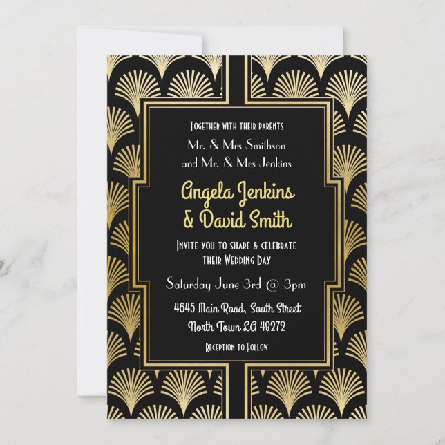 Einladung zur Hochzeit des Black Gold Art Deco Fan (Vorderseite)
