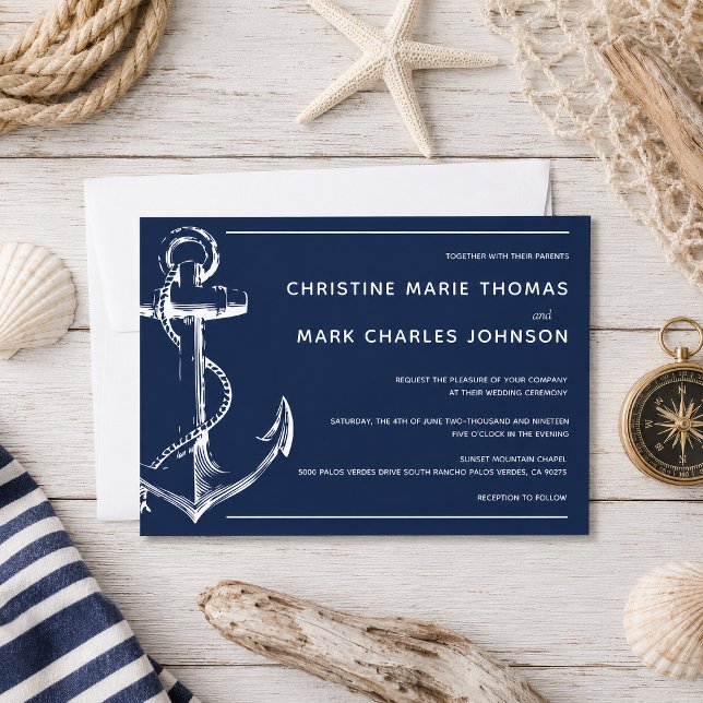 Einladung zur Hochzeit eines Navy Nautical White S (Tie the knot with this navy nautical sketch anchor wedding invitation.)
