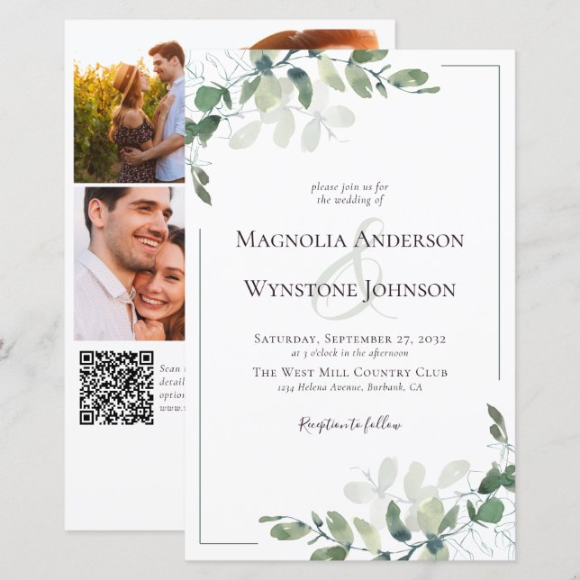 Einladung zur Hochzeit | Eukalyptus QR Code (Vorne/Hinten)