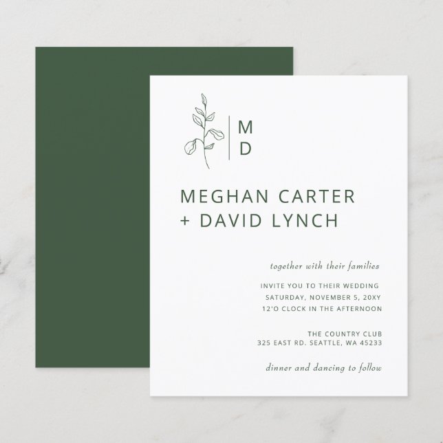 Einladung zur Hochzeit grüner Botanischer Monogram (Vorne/Hinten)