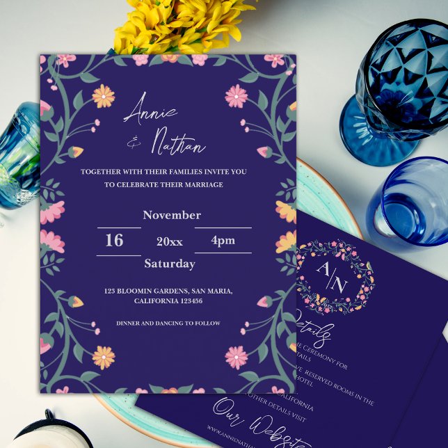Einladung zur Hochzeit hübscher, komplizierter Blu Postkarte (Pretty Intricate Floral Frame Wedding Invitation Postcard)