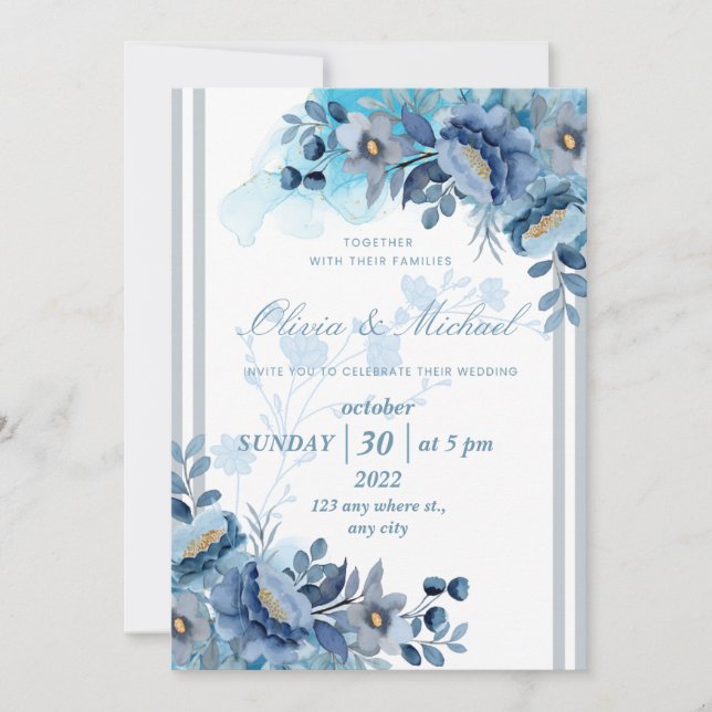 Einladung zur Hochzeit in Blauer Flora (Vorderseite)