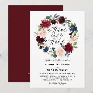 Einladung zur Hochzeit in Burgund und Blauer Blume