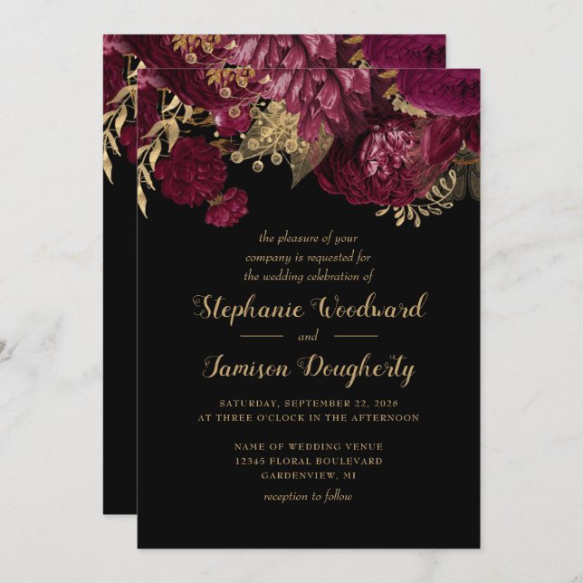 Einladung zur Hochzeit in Burgundy Gold Dark Flora (Vorne/Hinten)