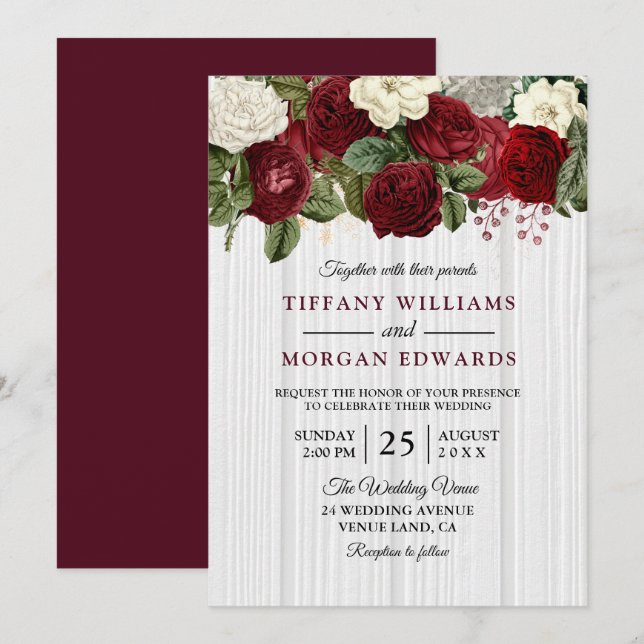 Einladung zur Hochzeit in Burgundy Marsala Red Whi (Vorne/Hinten)