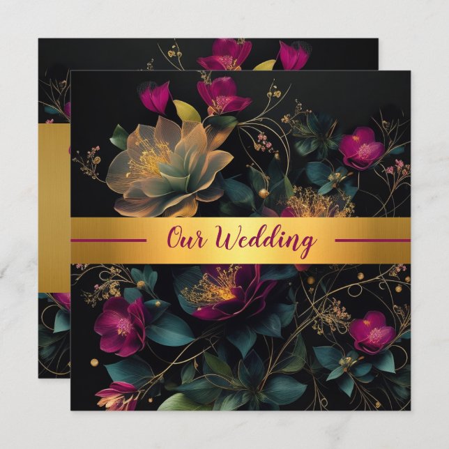 Einladung zur Hochzeit in Fuchsia und Blue Spring  (Vorne/Hinten)