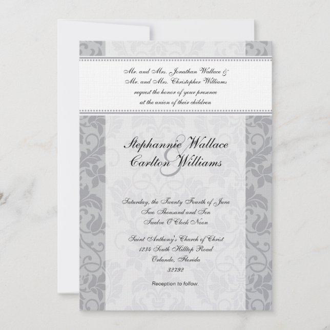 Einladung zur Hochzeit in Grau Damask (Vorderseite)